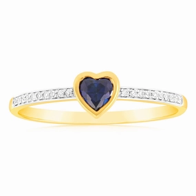 Created Sapphire & Heart Shaped Diamond Ring in 9ct Yellow Gold