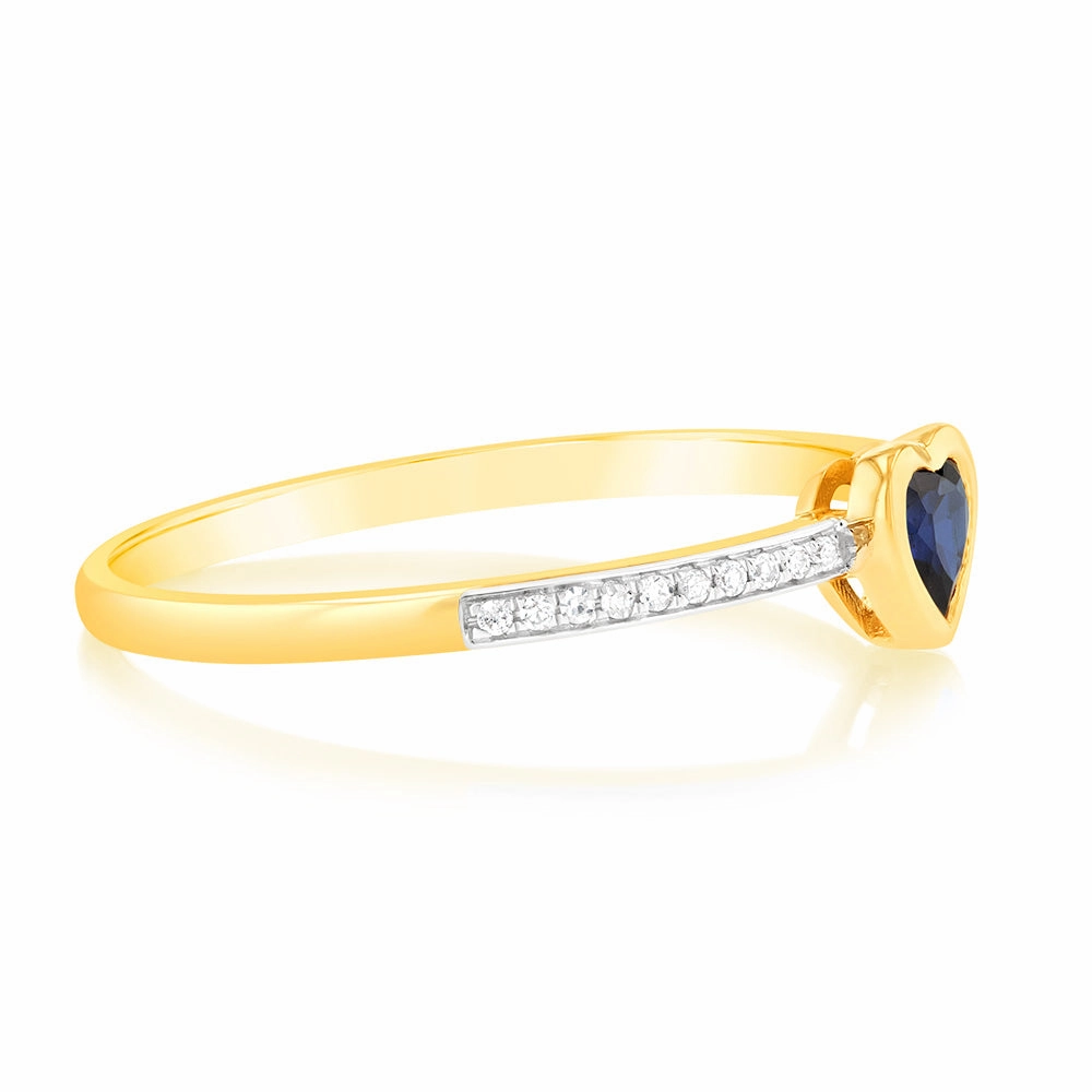 Created Sapphire & Heart Shaped Diamond Ring in 9ct Yellow Gold