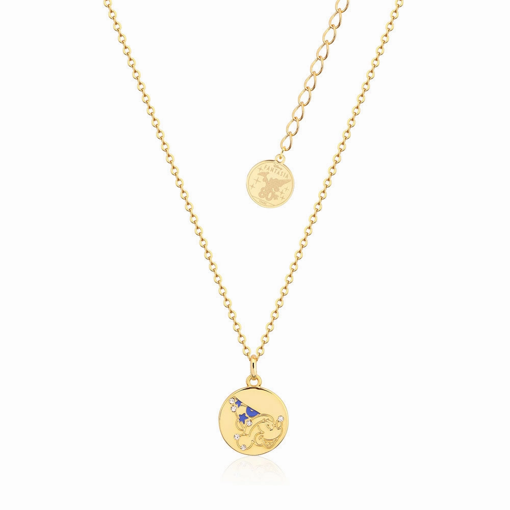 Disney Fantasia Gold Plated Sorcerer's Mickey Reversible Medallion Pendant on Chain