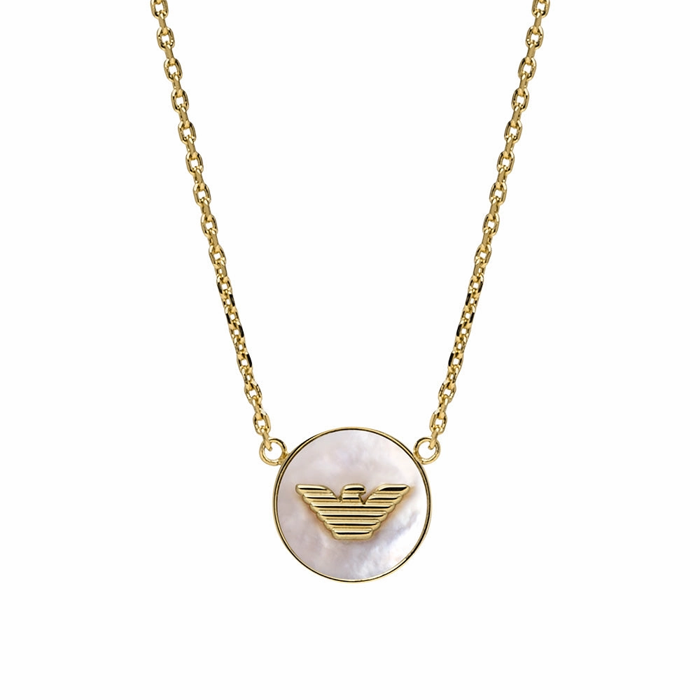 Emporio Armani Gold Plated Brass Mother Of Pearl Eagle Logo Pendant On Chain