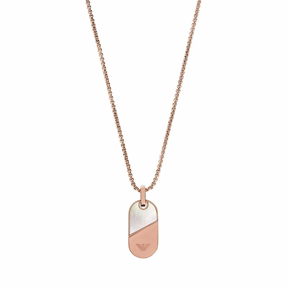 Emporio Armani Rose Gold Plated Stainless Steel Mother Of Pearl Dog Tag Pendant on Chain