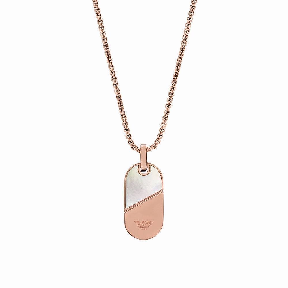 Emporio Armani Rose Gold Plated Stainless Steel Mother Of Pearl Dog Tag Pendant on Chain