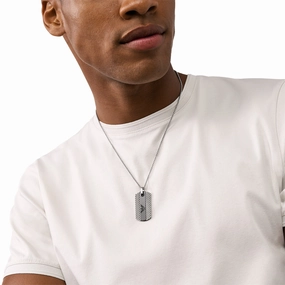 Emporio Armani Silver-Plated Stainless-Steel Logo Patterned Dog Tag Pendant On Chain