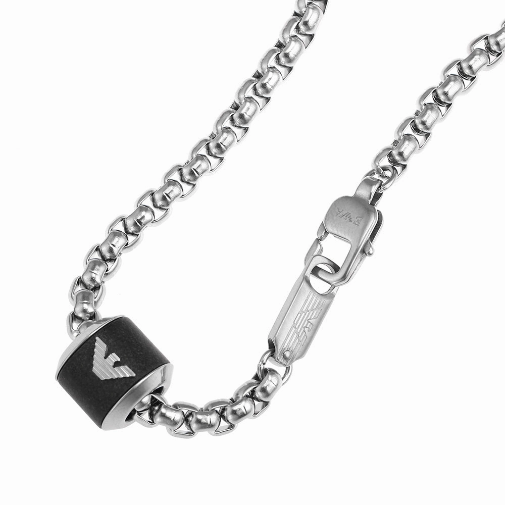 Emporio Armani Stainless Steel Black Marble Pendant On Chain