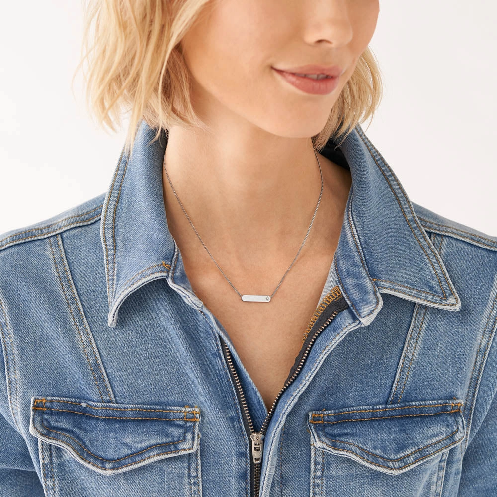 Fossil Silver Plated Stainless Steel Drew ID Pendant with Chain
