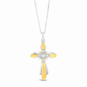 Gold Plated Sterling Silver Cross Diamond Pendant with 5 Round Diamonds on 46cm Chain