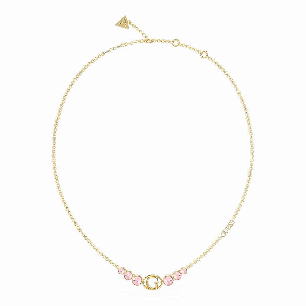 Guess Stainless Steel Gold Plated "G" Logo Rose Stone Pendant On 16-18" Chain