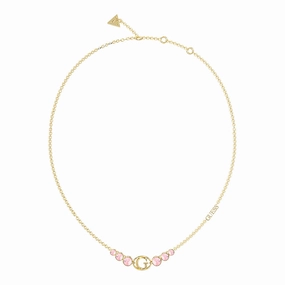 Guess Stainless Steel Gold Plated "G" Logo Rose Stone Pendant On 16-18" Chain