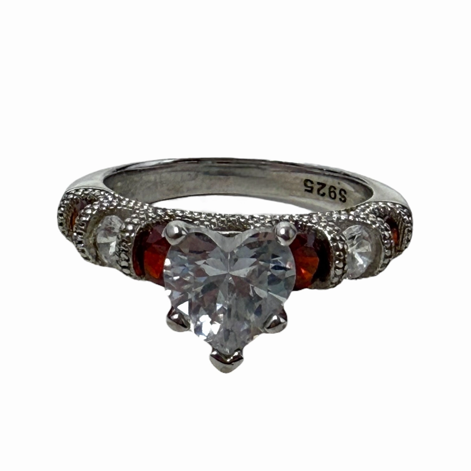 Heart Cubic Zirconia Red Pumpkin Garnet Solitaire Silver 925 Ring By Clothes Mentor, Size: 6