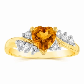 Luminesce Lab Grown 0.75 Carat Citrine Heart Ring with 1/5 Carat of Diamonds in 9ct Yellow Gold