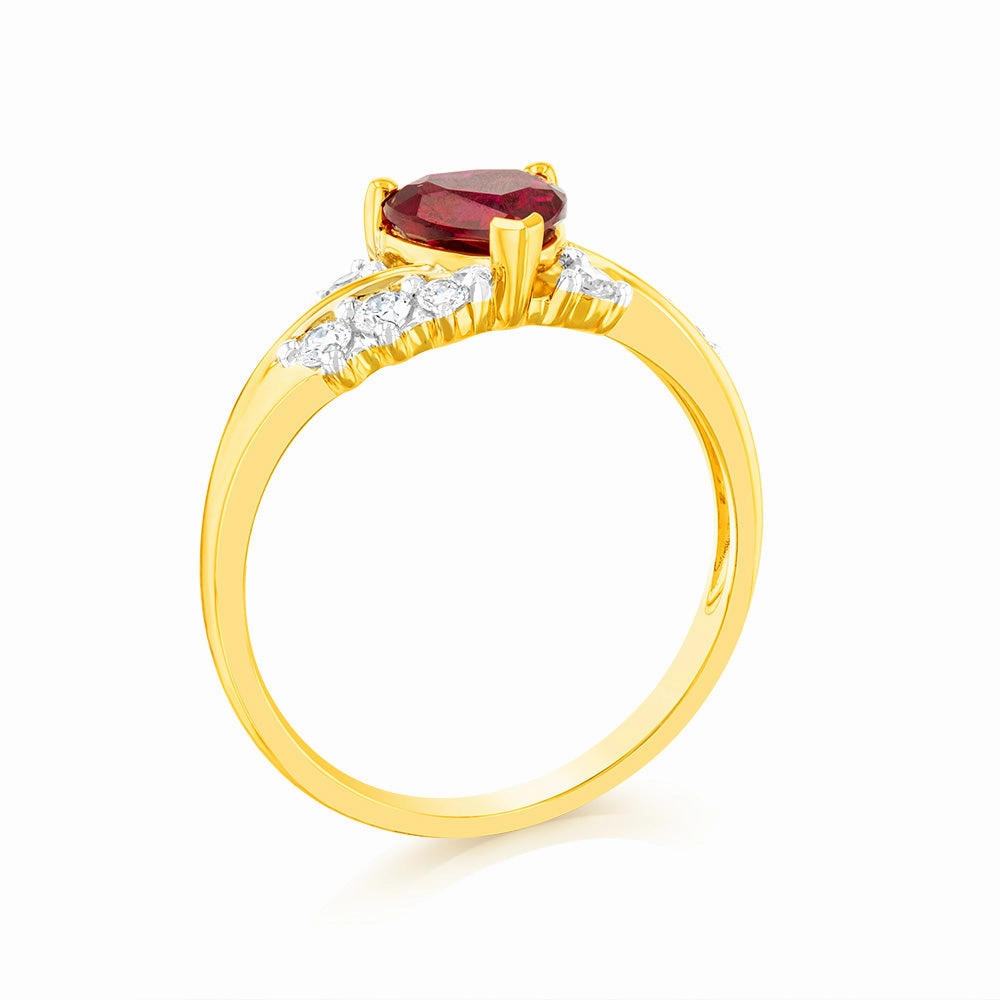 Luminesce Lab Grown 1 Carat Created Ruby Heart Ring with 1/5 Carat of Diamonds in 9ct Yellow Gold