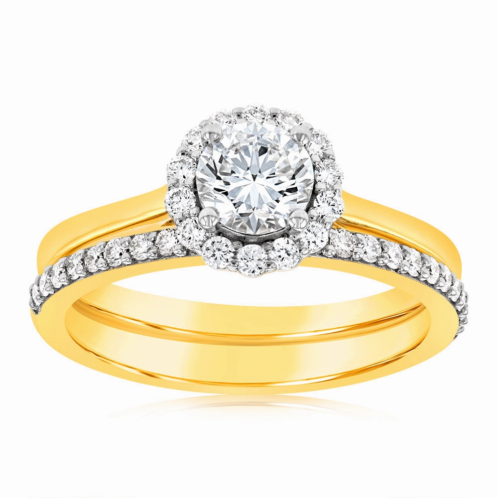 Luminesce Lab Grown Diamond 1 Carat Bridal Set in Halo Design set in 18ct Yellow Gold