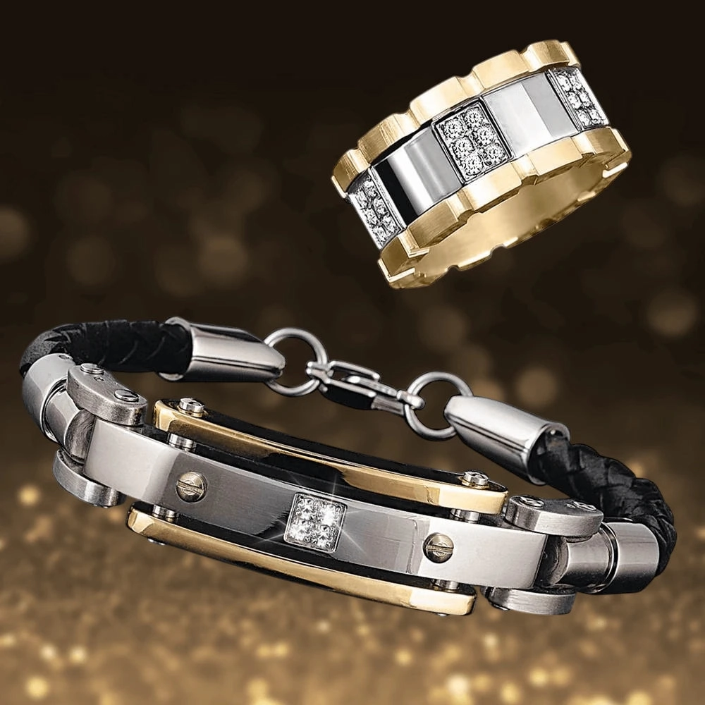 Men's Diamond Leather Bracelet and Modena Ring Set