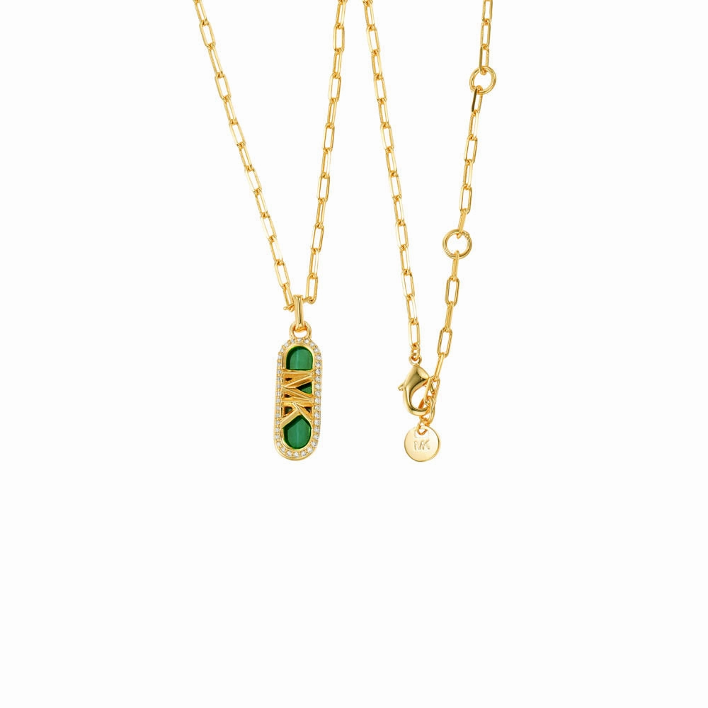 Michael Kors 14ct Yellow Gold Plated Brass Malachite Acetate Dog Tag Pendant with Chain
