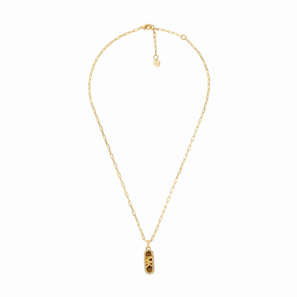Michael Kors 14ct Yellow Gold Plated Brass Tiger's Eye Dog Tag Pendant with Chain