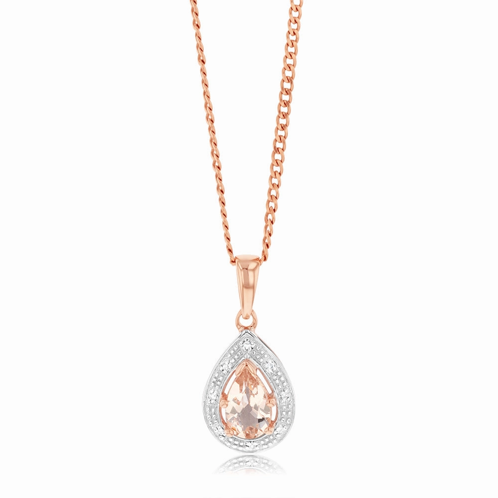 Natural Morganite 8x5mm Pear Shaped Diamond pendant in 9ct Rose Gold