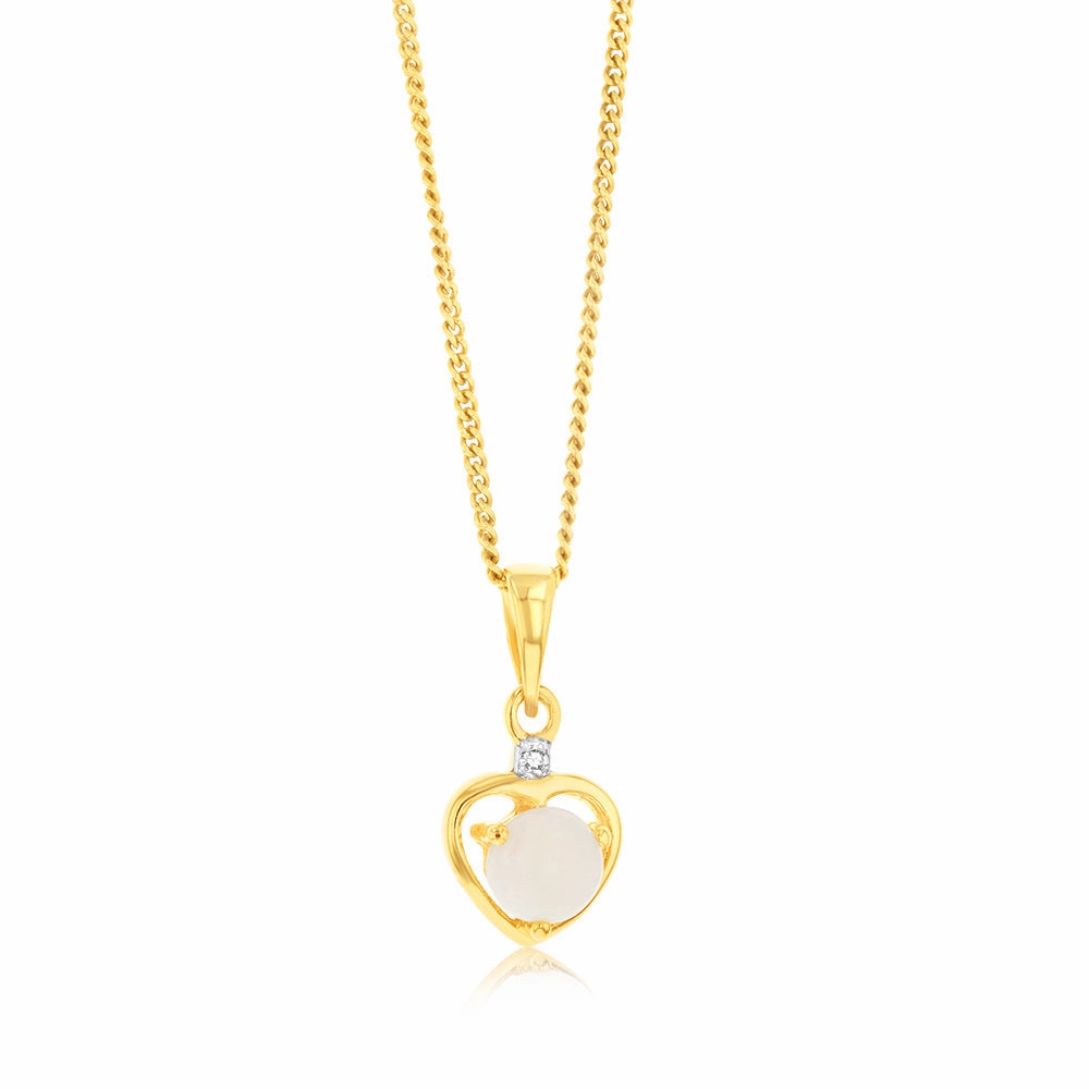 Natural Round 5mm Opal Heart Shaped Diamond Pendant in 9ct Yellow Gold