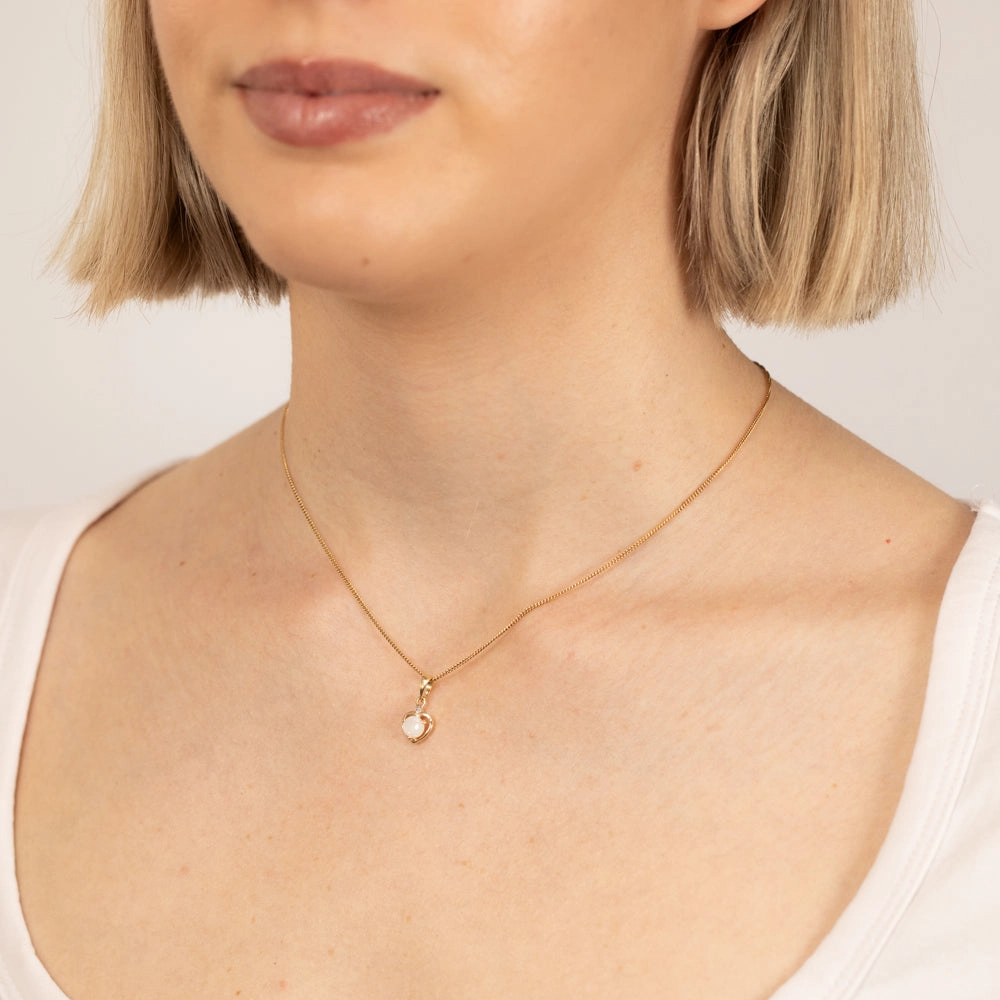Natural Round 5mm Opal Heart Shaped Diamond Pendant in 9ct Yellow Gold