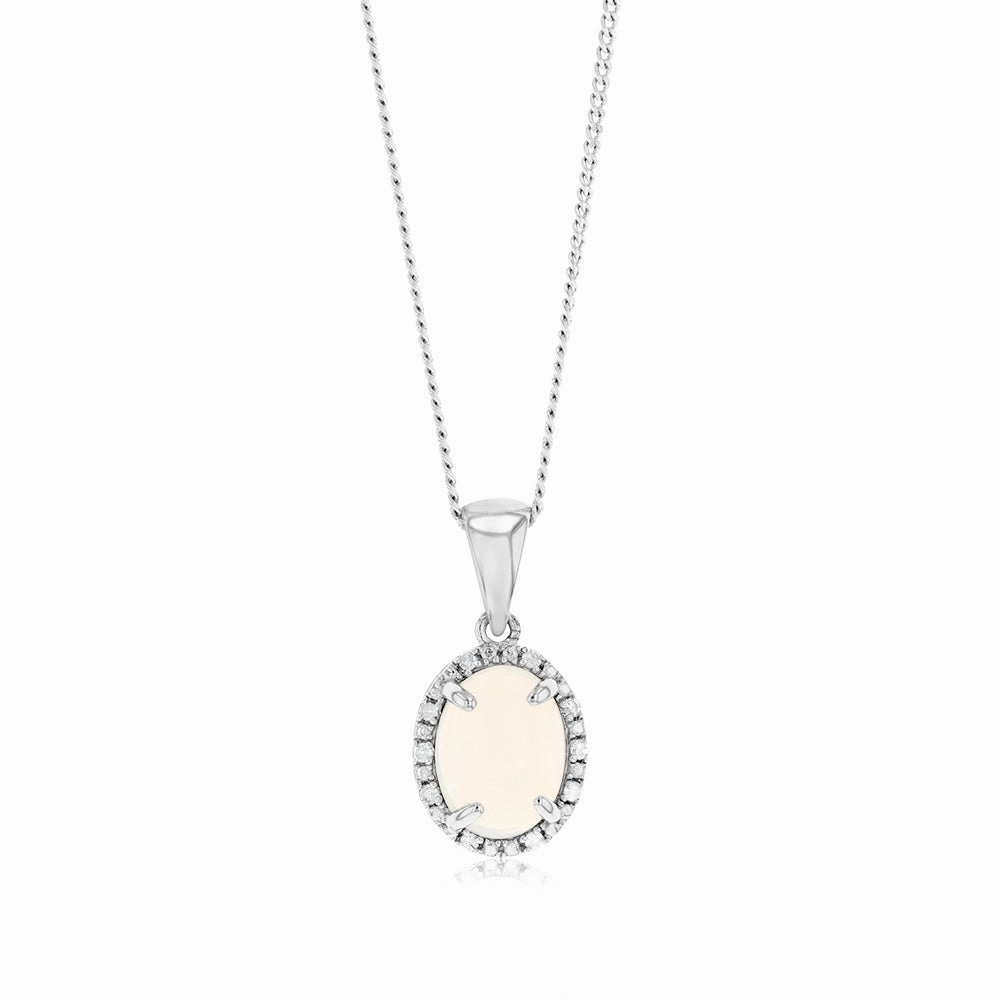 Opal & 5 Points Diamond Pendant in Sterling Silver