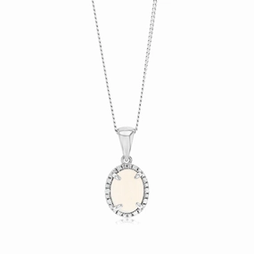 Opal & 5 Points Diamond Pendant in Sterling Silver