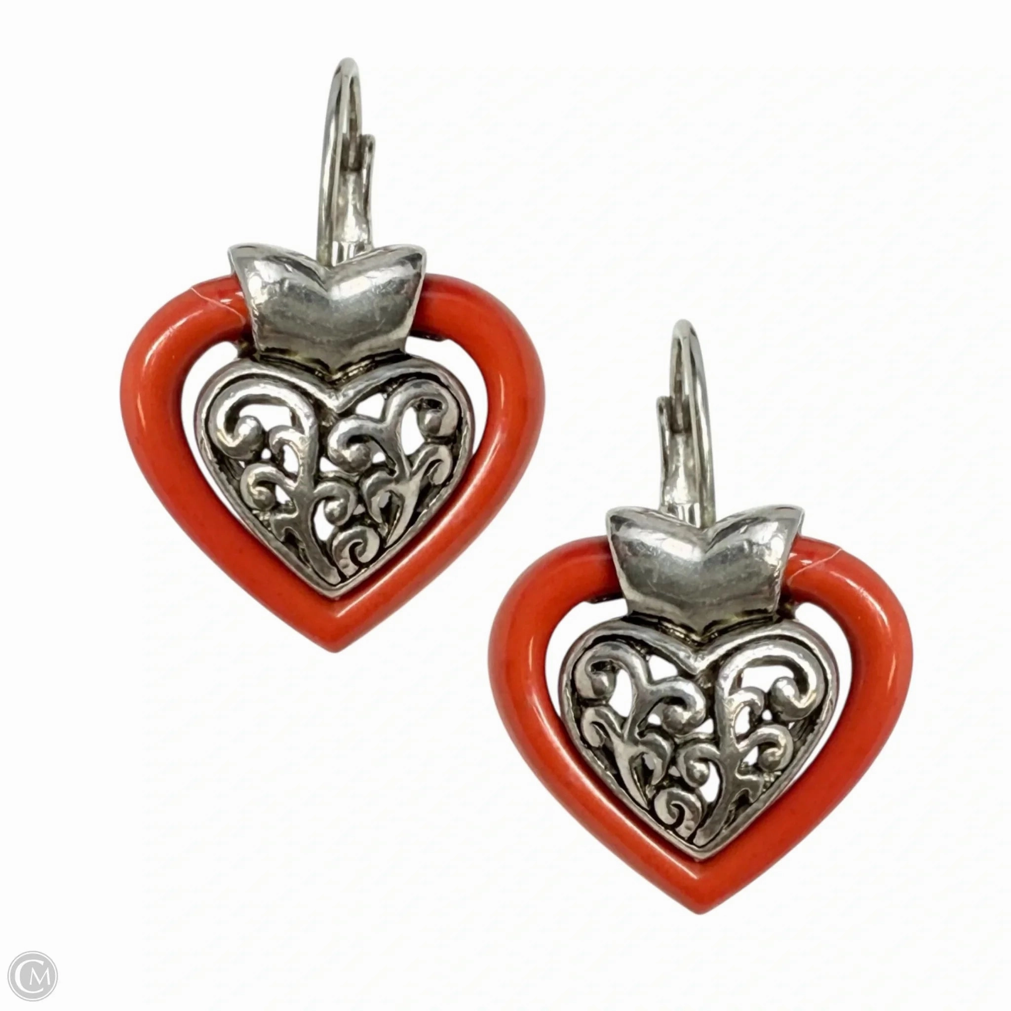Orange Scroll Open Work Heart Drop Earrings