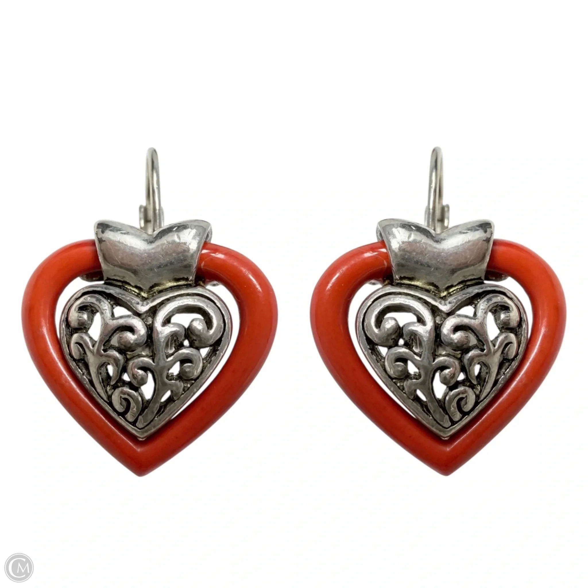 Orange Scroll Open Work Heart Drop Earrings