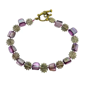 Purple & Silver Tone Beaded Toggle Bracelet By Unbranded