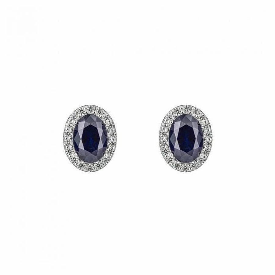 Silver Oval Blue & White Cubic Zirconia Halo Cluster Stud Earrings