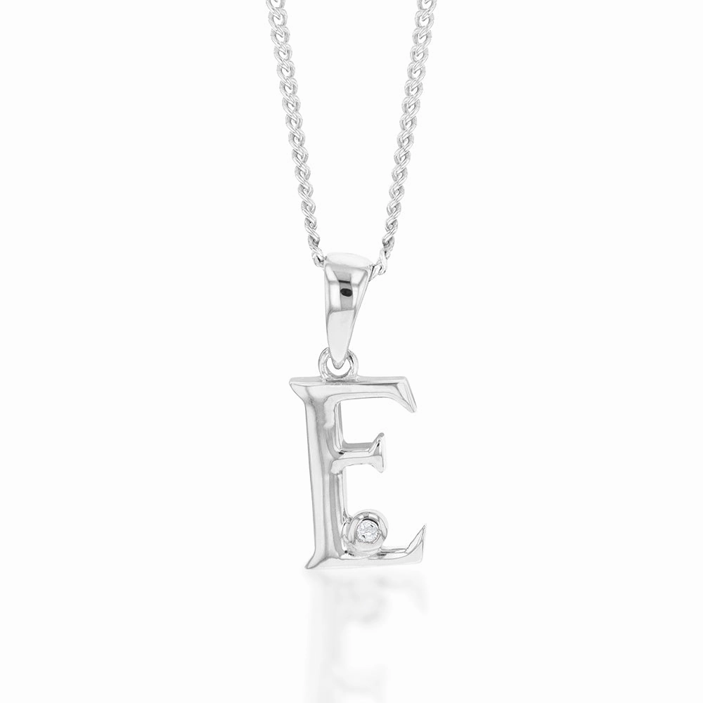 Silver Pendant Initial E set with Diamond