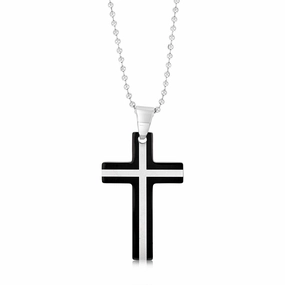 Stainless Steel Black And Silver Two Tone Cross Pendant On 60.9cm Ball Chain