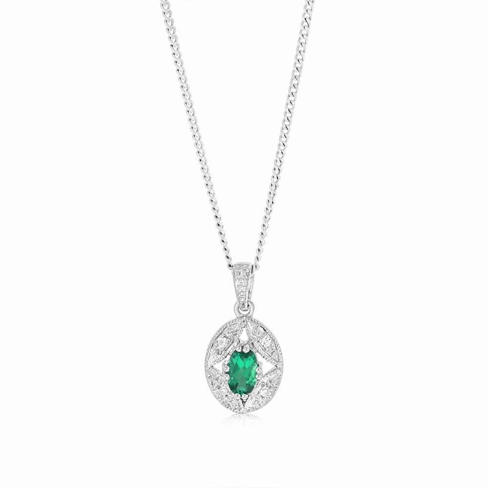 Sterling Silver 0.21Ct Created Emerald & 4 Diamonds Pendant