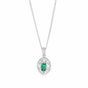Sterling Silver 0.21Ct Created Emerald & 4 Diamonds Pendant