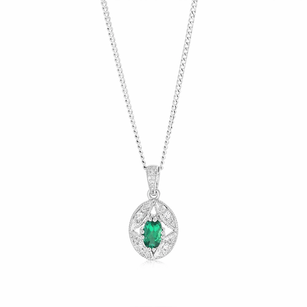 Sterling Silver 0.21Ct Created Emerald & 4 Diamonds Pendant