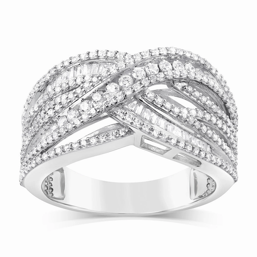 Sterling Silver 0.95 Carat Diamond Ring With Round and Baguette Cut Diamonds