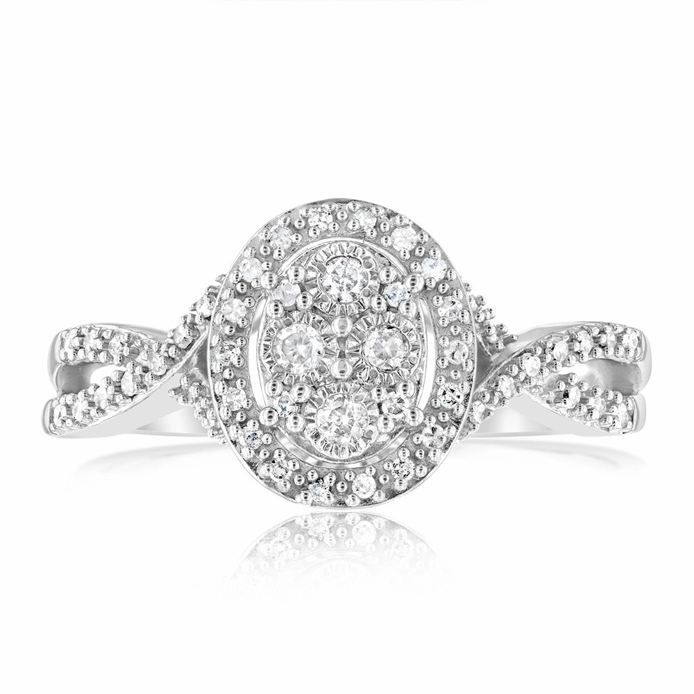 Sterling Silver 1/5 Carat Diamonds Oval Cluster Ring wirh 50 Round brilliant Cut Diamonds
