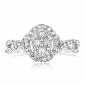 Sterling Silver 1/5 Carat Diamonds Oval Cluster Ring wirh 50 Round brilliant Cut Diamonds