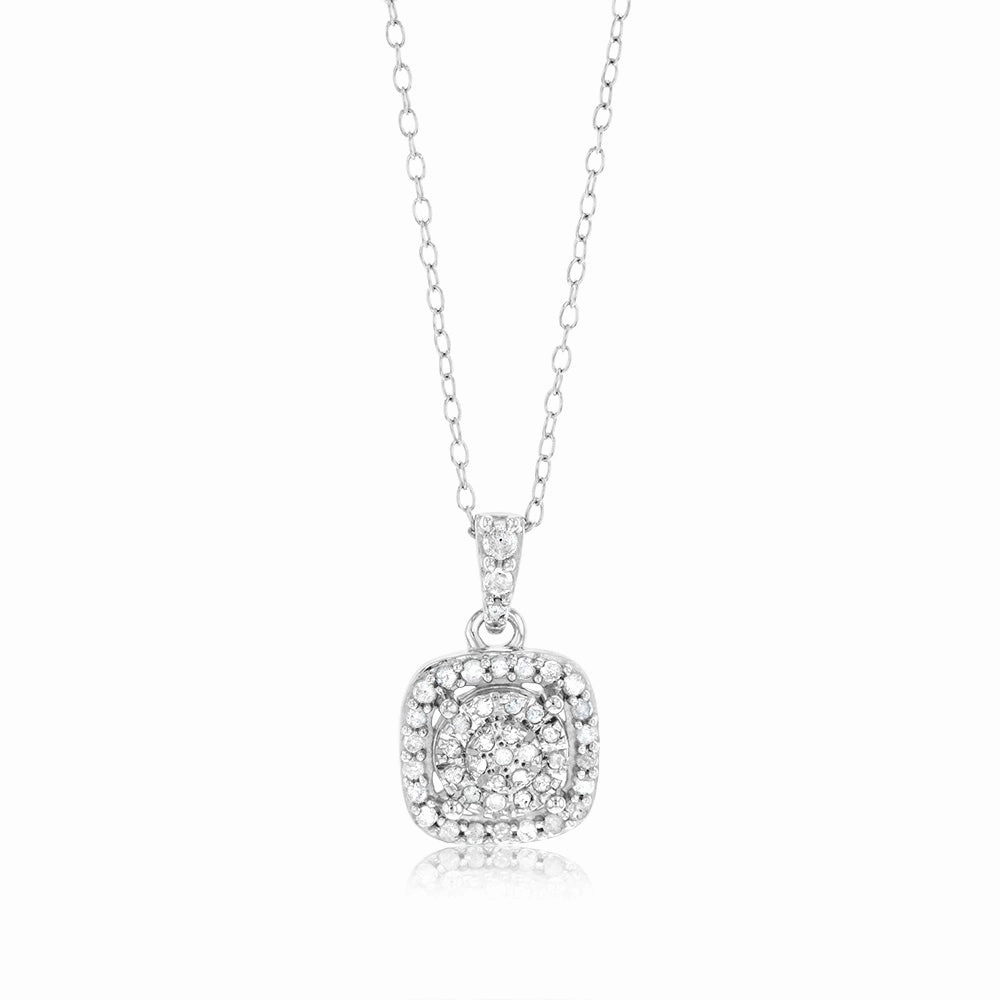 Sterling Silver 1/5 Carat Natural Diamond Cushion Shaped Pendant on 46cm Chain