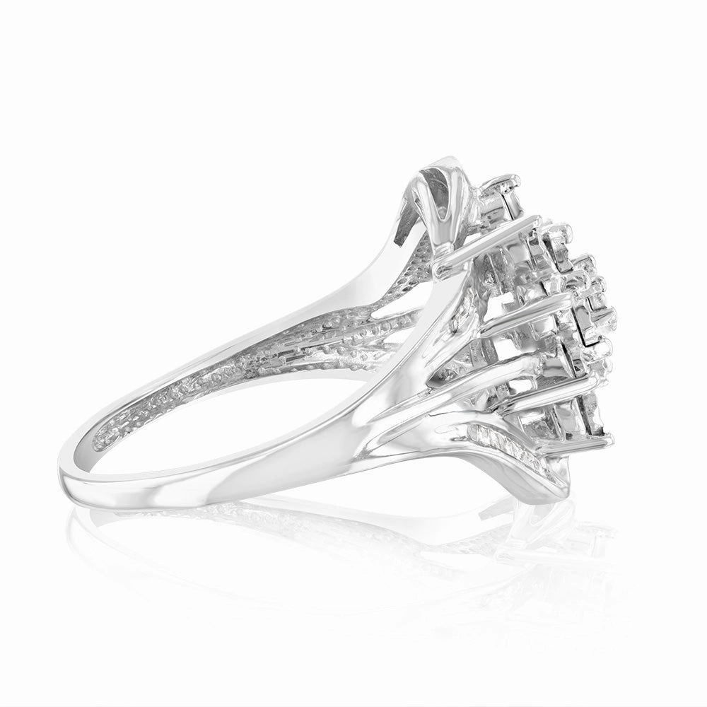 Sterling Silver 1/6 Carat Diamond Ring With Round and Baguette Cut Diamonds