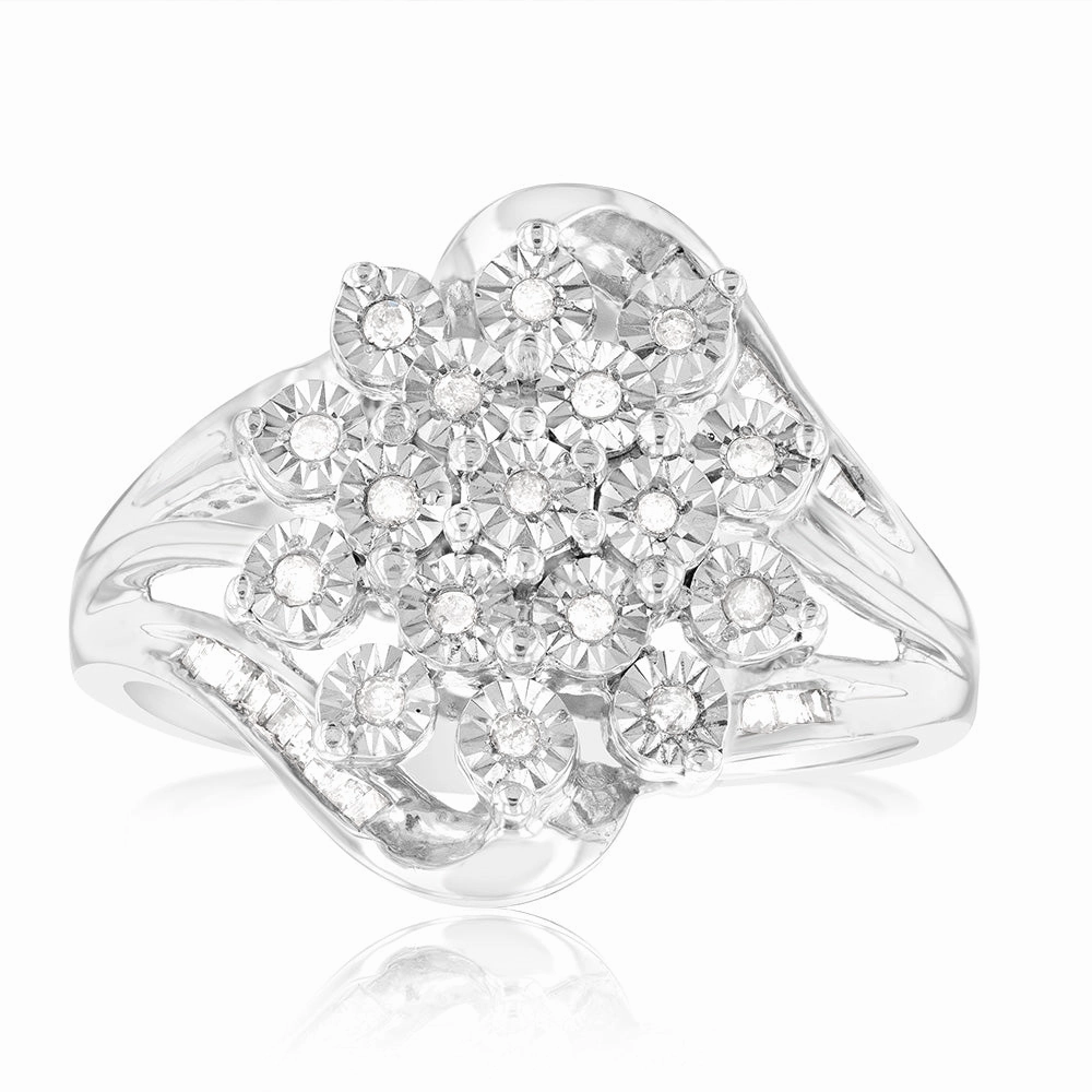 Sterling Silver 1/6 Carat Diamond Ring With Round and Baguette Cut Diamonds