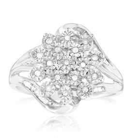 Sterling Silver 1/6 Carat Diamond Ring With Round and Baguette Cut Diamonds