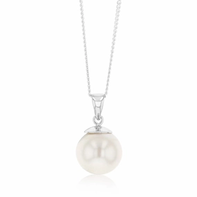 Sterling Silver 9-11mm White South Sea Pearl and Diamond Pendant on 45cm Chain
