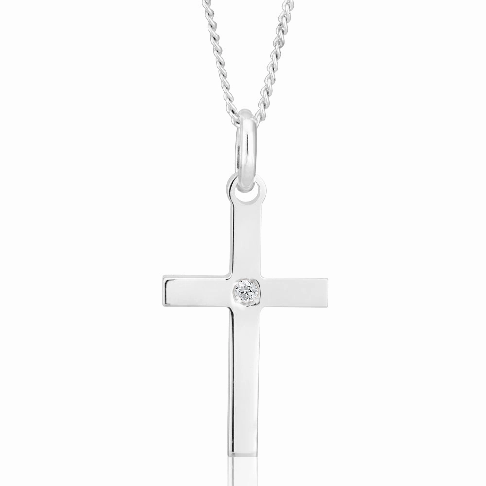Sterling Silver Cross Pendant 3cm with Centre Zirconia Stone