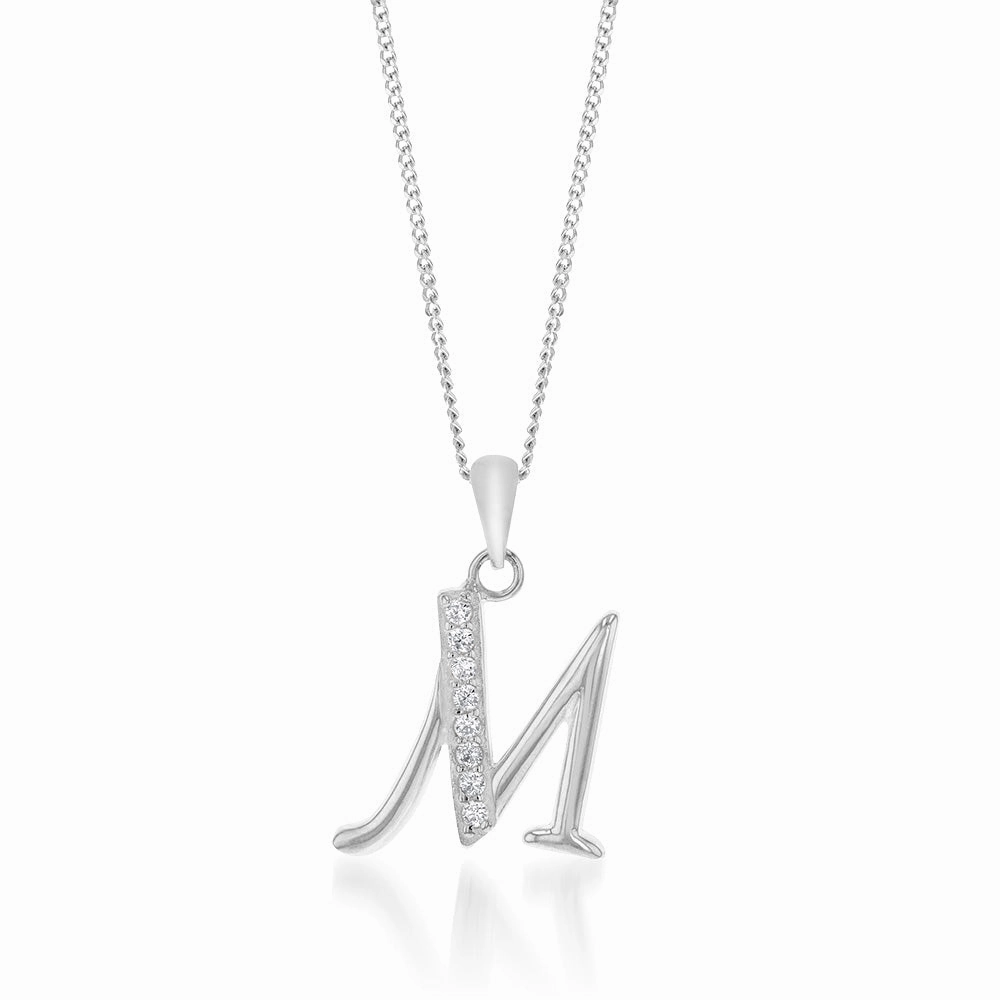 Sterling Silver Cubic Zirconia Cursive Initial "M" Pendant