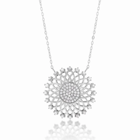 Sterling Silver Cubic Zirconia Flower Pendant on 42 3cm Chain
