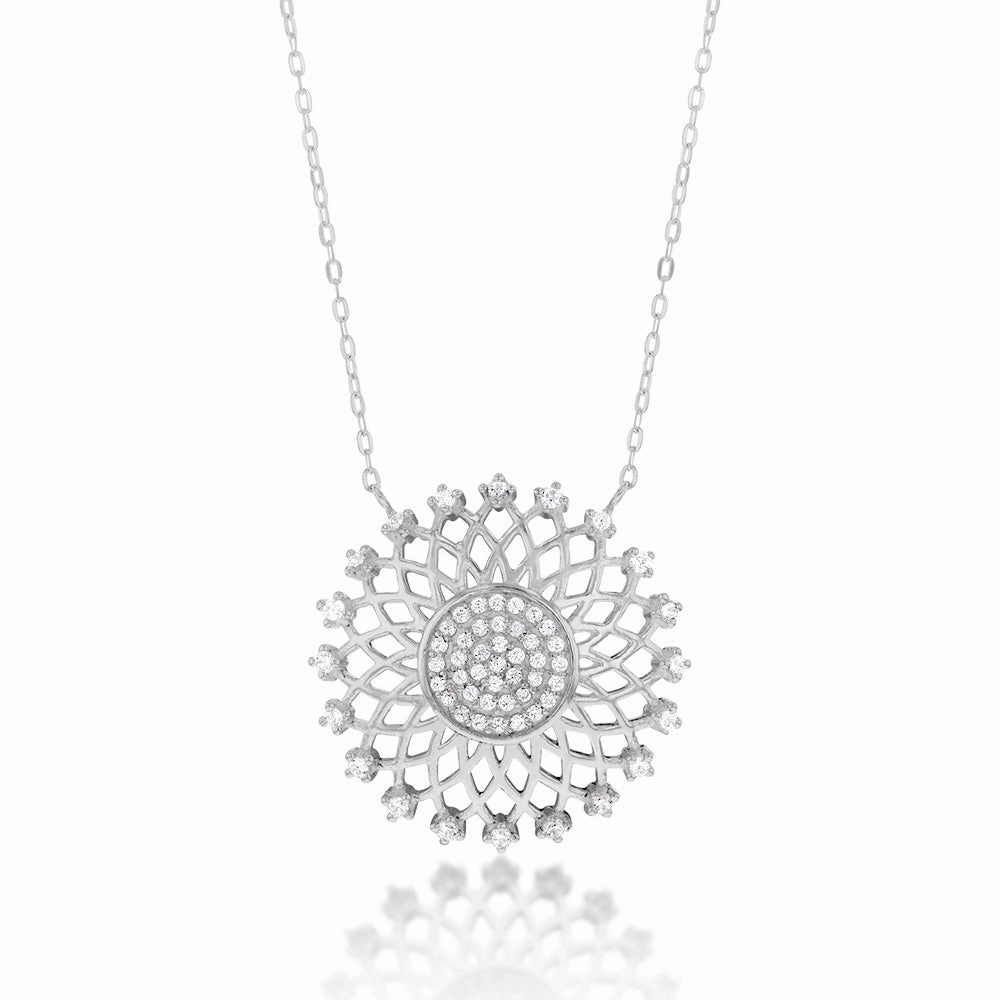 Sterling Silver Cubic Zirconia Flower Pendant on 42 3cm Chain