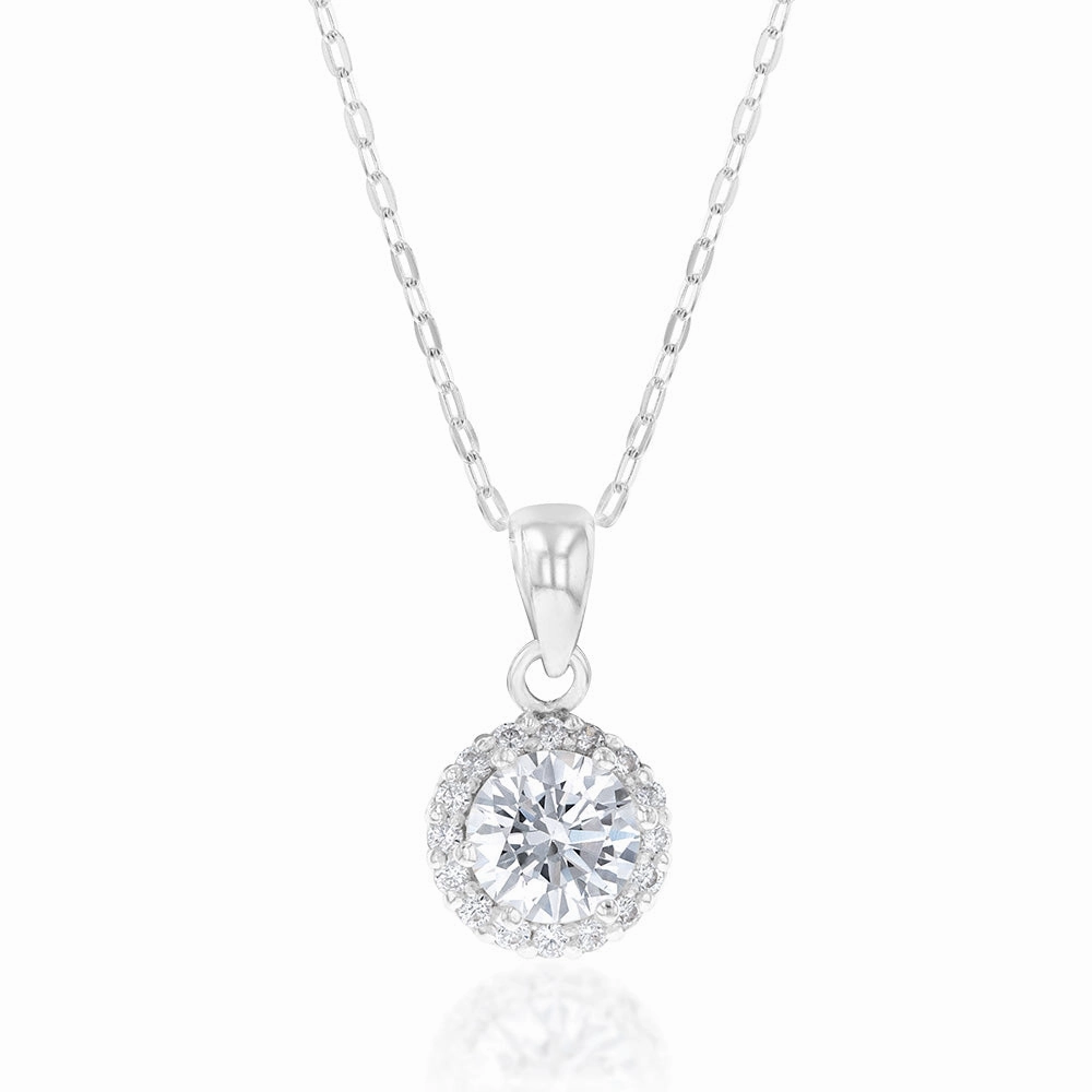 Sterling Silver Cubic Zirconia Halo Pendant On 45cm Chain