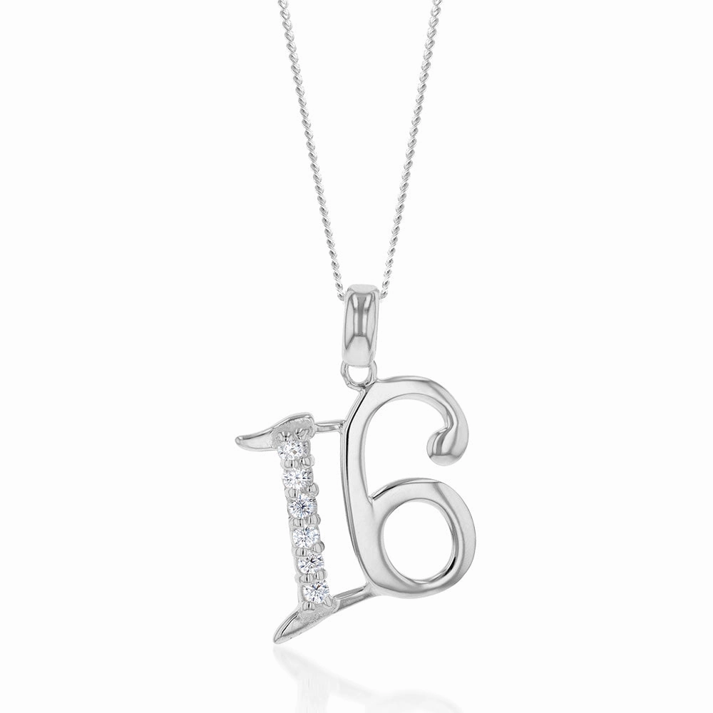 Sterling Silver Cubic Zirconia On Number "16" Pendant