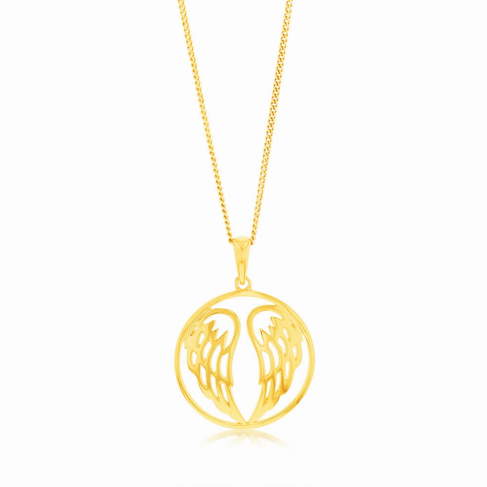 Sterling Silver Gold Plated Angel Wings Round Pendant