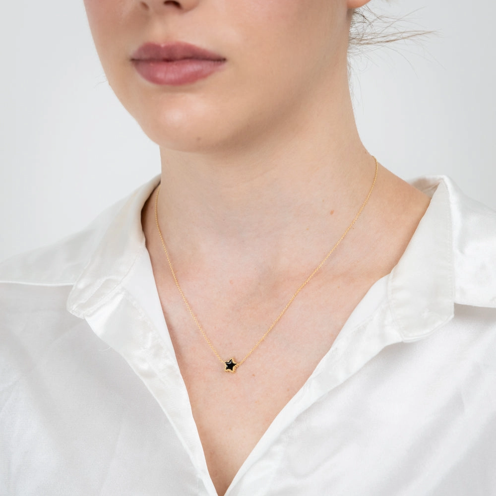 Sterling Silver Gold Plated Black Enamel Star Pendant on 42 3cm Chain