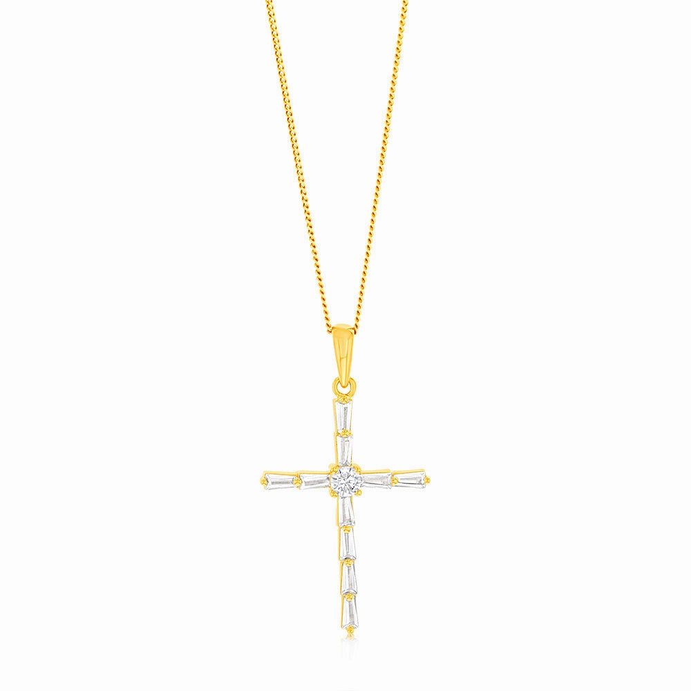 Sterling Silver Gold Plated Cubic Zirconia Cross Pendant
